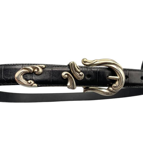 Brighton Womens Scroll Buckle Belt Size XL Black Leather Reptile 24503 Silver - Picture 2 of 11
